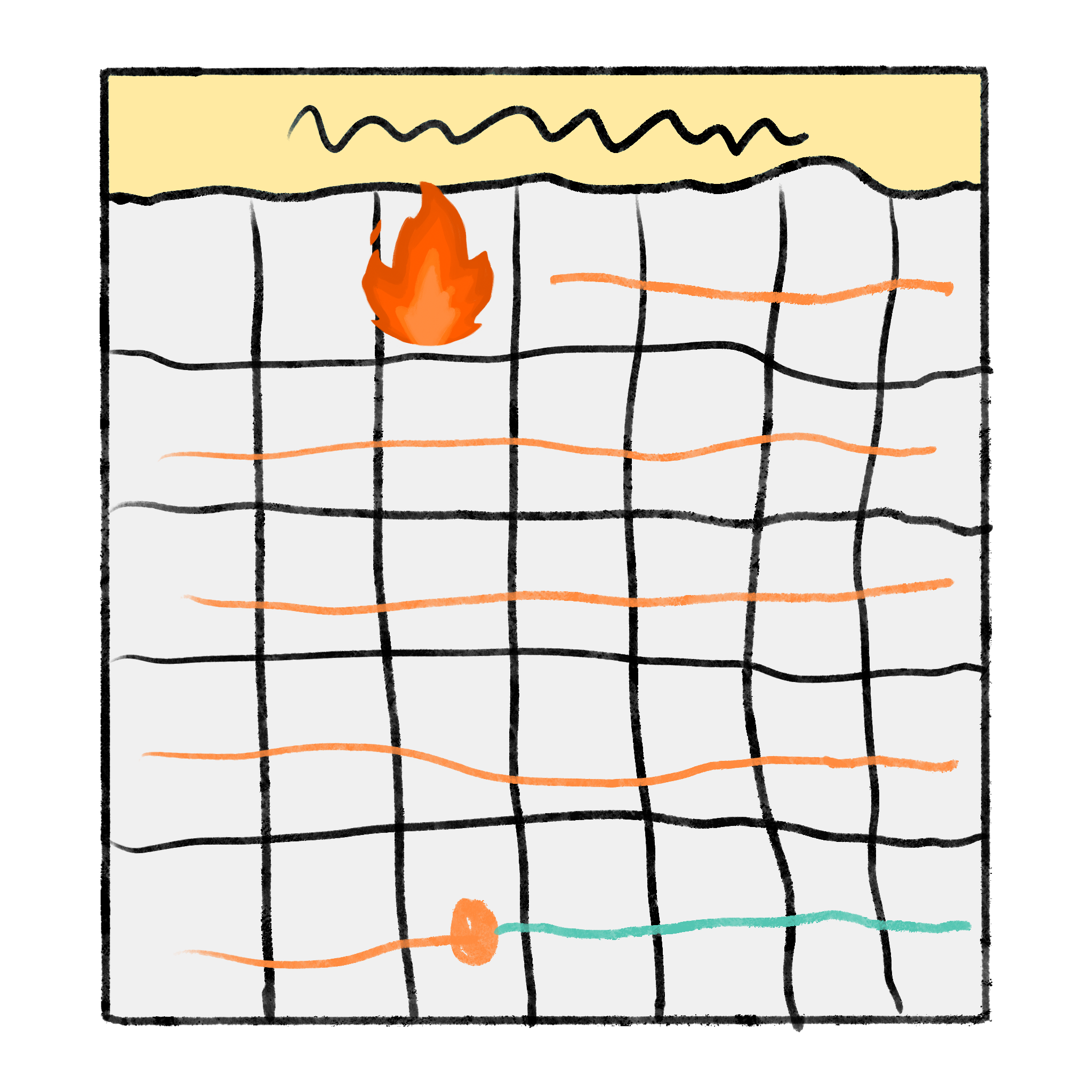 a calendar with a fire and an orange line going out a little over a month and ending in a circle and a new line starting in a green colour till the end of the calendar